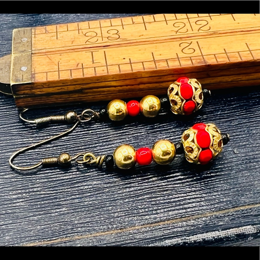 Vintage gold beaded earrings dangles red rhinestones